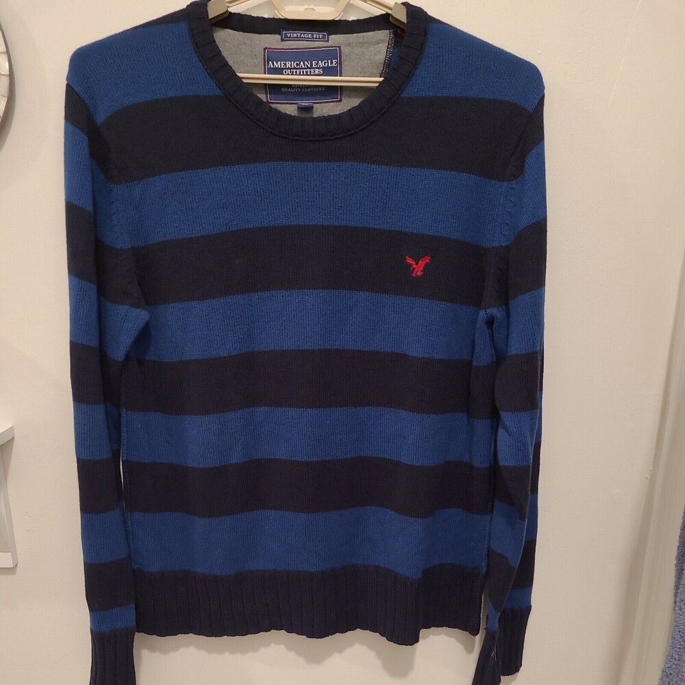 American Eagle Vintage Fit Sweater Crew Neck Preppy Blue & Navy  XL Stripe